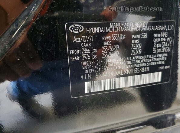5NMS4DALXMH353848 2021 HYUNDAI SANTA Black Vista del compartimento del motor