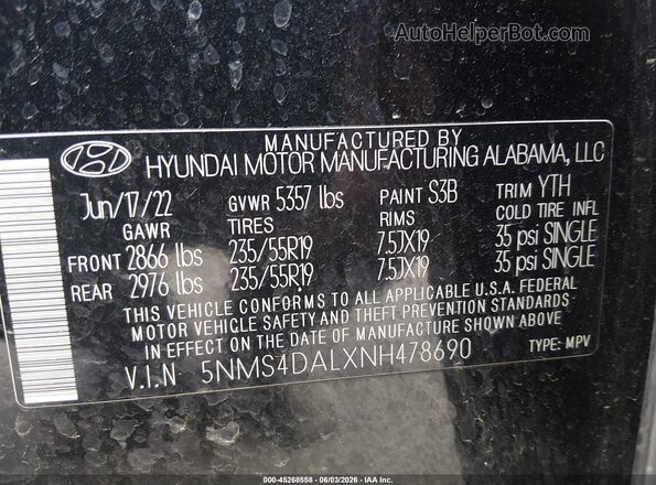 5NMS4DALXNH478690 2022 HYUNDAI SANTA FE Black Vista del compartimento del motor