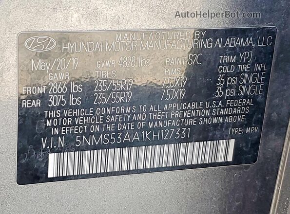 5NMS53AA1KH127331 2019 HYUNDAI SANTA Charcoal 