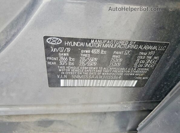 5NMS53AA1KH135364 2019 HYUNDAI SANTA Серый Вид наклейки с VIN-кодом