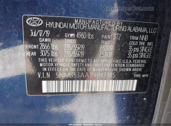 5NMS53AA1LH147385 2020 HYUNDAI SANTA FE Blue Շարժիչի բաժամունքի տեսք