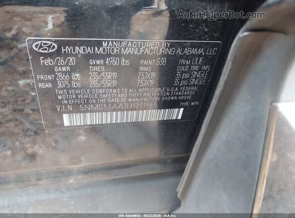 5NMS53AA1LH231965 2020 HYUNDAI SANTA FE Black Շարժիչի բաժամունքի տեսք