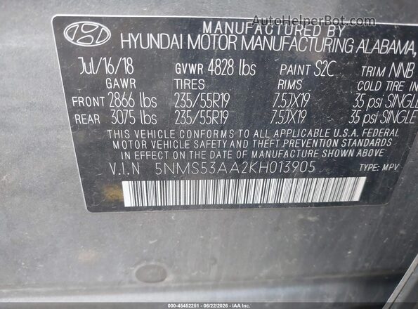 5NMS53AA2KH013905 2019 HYUNDAI SANTA FE Silver Շարժիչի բաժամունքի տեսք