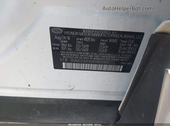5NMS53AA2KH031305 2019 HYUNDAI SANTA FE Белый 