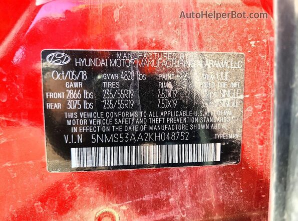 5NMS53AA2KH048752 2019 HYUNDAI SANTA Красный 