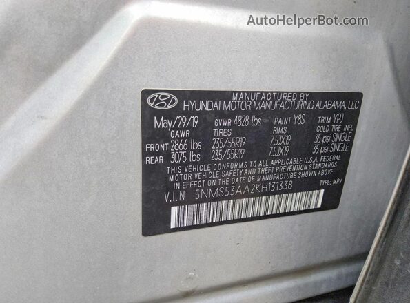 5NMS53AA2KH131338 2019 HYUNDAI SANTA Silver VIN sticker view