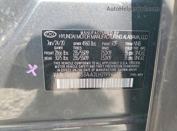 5NMS53AA2LH219940 2020 HYUNDAI SANTA Gray Widok naklejki z numerem VIN
