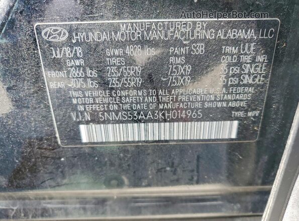 5NMS53AA3KH014965 2019 HYUNDAI SANTA Черный Вид наклейки с VIN-кодом