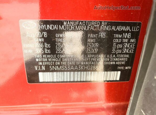 5NMS53AA3KH028851 2019 HYUNDAI SANTA Красный 