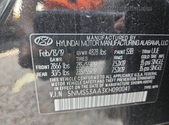 5NMS53AA3KH090041 2019 HYUNDAI SANTA Black Панорамний вид салону 360°