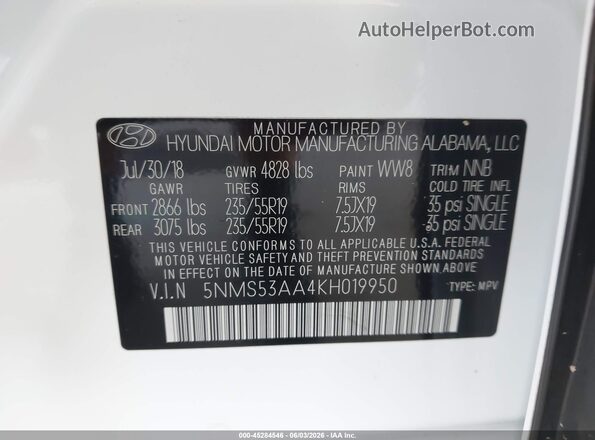 5NMS53AA4KH019950 2019 HYUNDAI SANTA FE White Engine compartment view