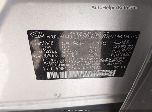 5NMS53AA4KH074026 2019 HYUNDAI SANTA FE Silver Engine compartment view