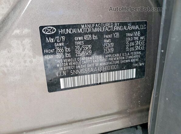 5NMS53AA4KH101001 2019 HYUNDAI SANTA Коричневый 
