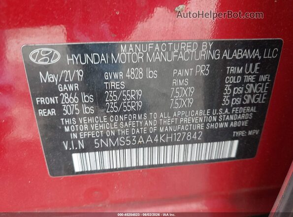 5NMS53AA4KH127842 2019 HYUNDAI SANTA FE Red Vista del compartimento del motor