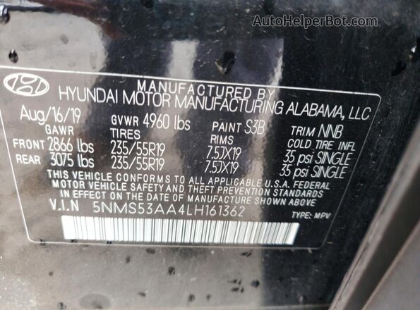 5NMS53AA4LH161362 2020 HYUNDAI SANTA Черный 