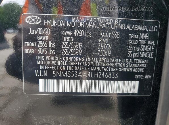 5NMS53AA4LH246833 2020 HYUNDAI SANTA Black Widok wnętrza 360 stopni