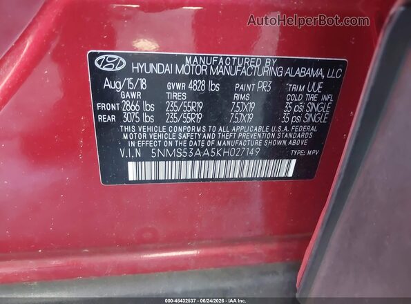 5NMS53AA5KH027149 2019 HYUNDAI SANTA FE Red ძრავის განყოფილების ხედი