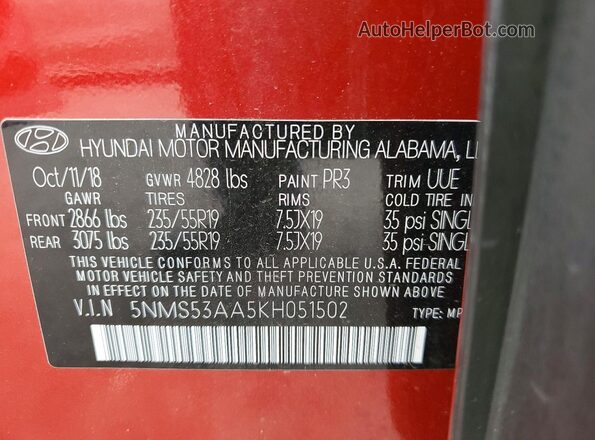 5NMS53AA5KH051502 2019 HYUNDAI SANTA Red სალონის 360-გრადუსიანი ხედი