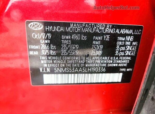 5NMS53AA5LH190336 2020 HYUNDAI SANTA Red VIN კოდის სტიკერის ხედი