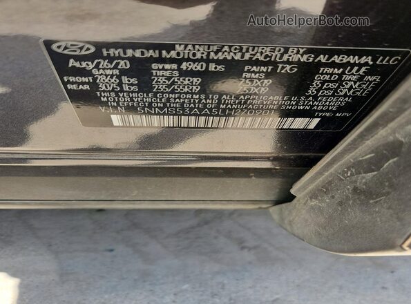 5NMS53AA5LH270901 2020 HYUNDAI SANTA Charcoal VIN կոդի պիտակի տեսք