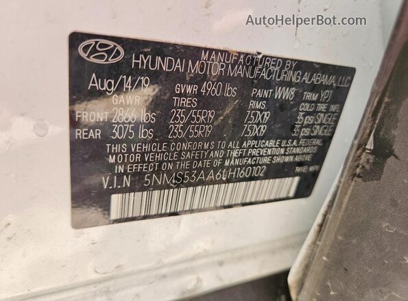 5NMS53AA6LH160102 2020 HYUNDAI SANTA White 