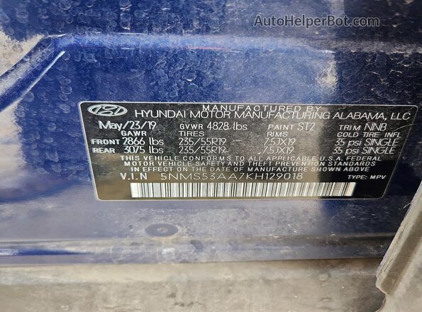 5NMS53AA7KH129018 2019 HYUNDAI SANTA Blue VIN կոդի պիտակի տեսք