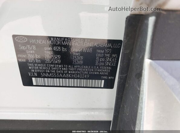 5NMS53AA8KH040249 2019 HYUNDAI SANTA FE White Вид підкапотного простору