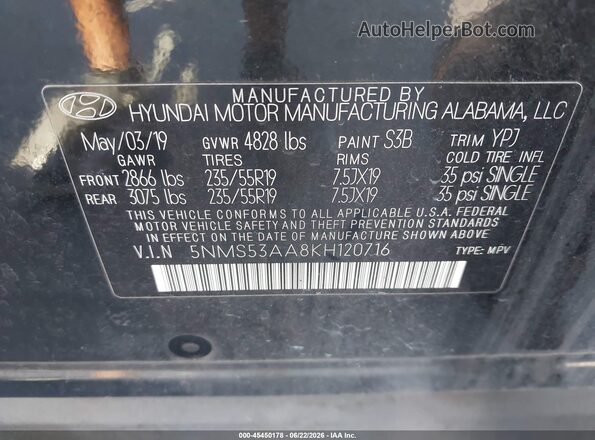 5NMS53AA8KH120716 2019 HYUNDAI SANTA FE Black Շարժիչի բաժամունքի տեսք