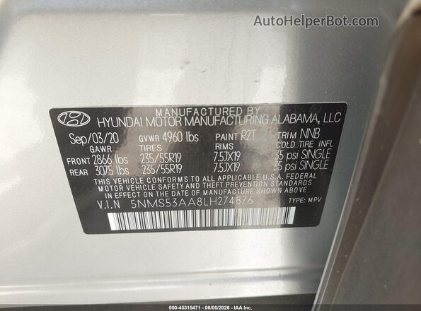 5NMS53AA8LH274876 2020 HYUNDAI SANTA FE Silver Vista del compartimento del motor