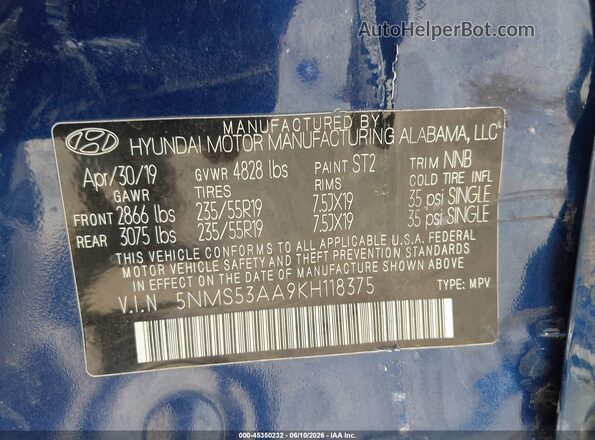 5NMS53AA9KH118375 2019 HYUNDAI SANTA FE Blue Widok komory silnika