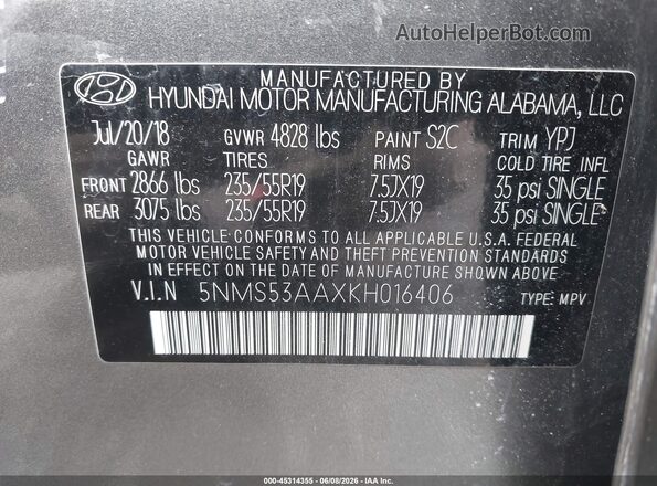 5NMS53AAXKH016406 2019 HYUNDAI SANTA FE Gray Widok komory silnika