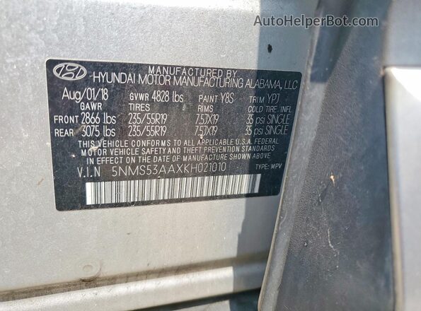 5NMS53AAXKH021010 2019 HYUNDAI SANTA Серебряный Вид подкапотного пространства