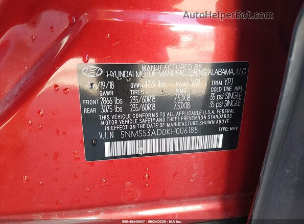 5NMS53AD0KH006185 2019 HYUNDAI SANTA FE Orange Engine compartment view