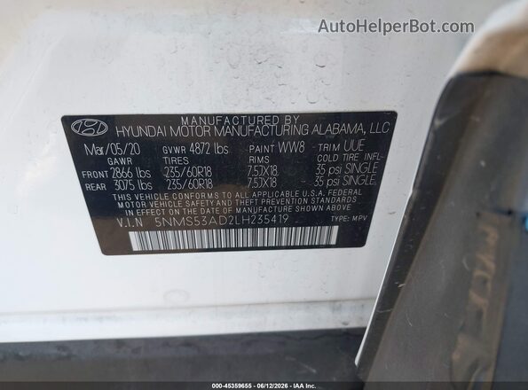 5NMS53AD2LH235419 2020 HYUNDAI SANTA FE White Widok komory silnika