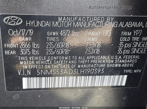 5NMS53AD3LH190393 2020 HYUNDAI SANTA FE Black Vista del compartimento del motor