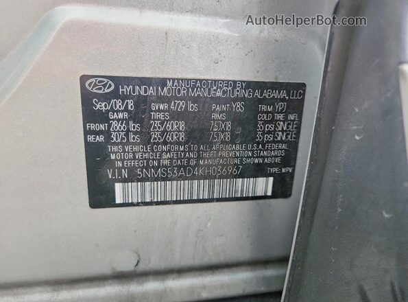 5NMS53AD4KH036967 2019 HYUNDAI SANTA Серебряный 
