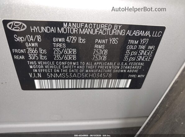 5NMS53AD5KH034578 2019 HYUNDAI SANTA FE Silver Widok komory silnika