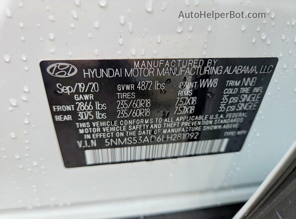 5NMS53AD6LH281092 2020 HYUNDAI SANTA White Widok naklejki z numerem VIN
