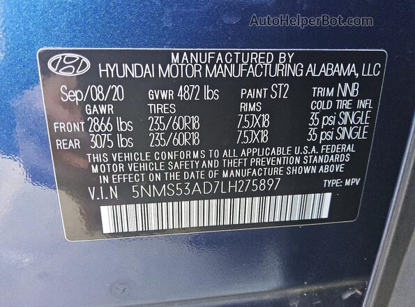 5NMS53AD7LH275897 2020 HYUNDAI SANTA Blue 