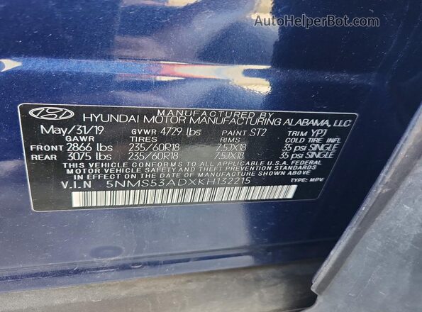 5NMS53ADXKH132215 2019 HYUNDAI SANTA Синий 