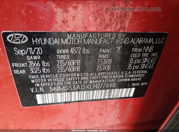 5NMS53ADXLH277840 2020 HYUNDAI SANTA FE Red Շարժիչի բաժամունքի տեսք