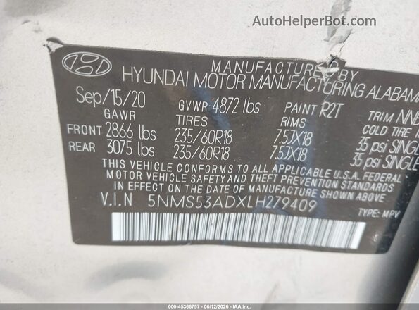 5NMS53ADXLH279409 2020 HYUNDAI SANTA FE Silver Շարժիչի բաժամունքի տեսք