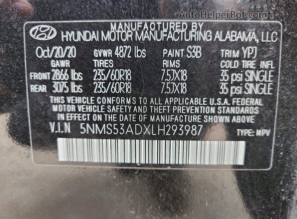 5NMS53ADXLH293987 2020 HYUNDAI SANTA Черный Вид наклейки с VIN-кодом