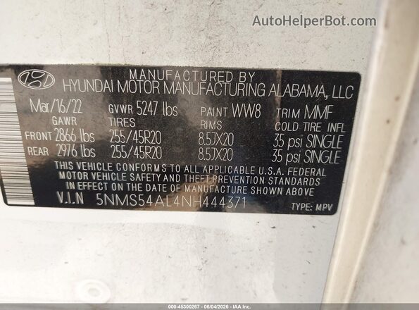 5NMS54AL4NH444371 2022 HYUNDAI SANTA FE White Շարժիչի բաժամունքի տեսք