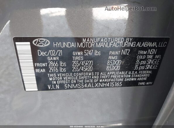 5NMS54ALXNH415165 2022 HYUNDAI SANTA FE Gray Вид підкапотного простору