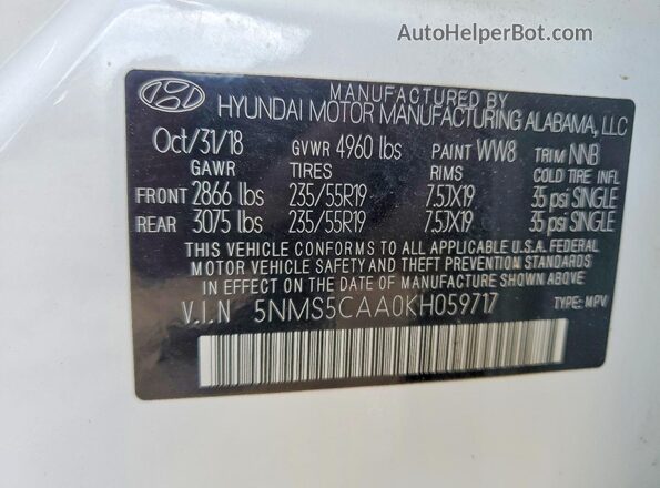 5NMS5CAA0KH059717 2019 HYUNDAI SANTA Белый 