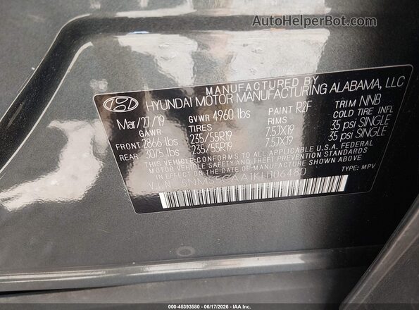 5NMS5CAA1KH106480 2019 HYUNDAI SANTA FE Серый Вид подкапотного пространства