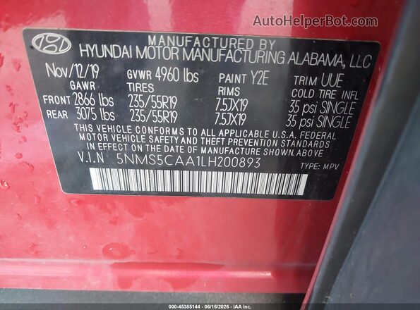 5NMS5CAA1LH200893 2020 HYUNDAI SANTA FE Red Engine compartment view