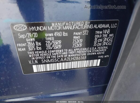 5NMS5CAA2LH286148 2020 HYUNDAI SANTA FE Dark Blue Շարժիչի բաժամունքի տեսք