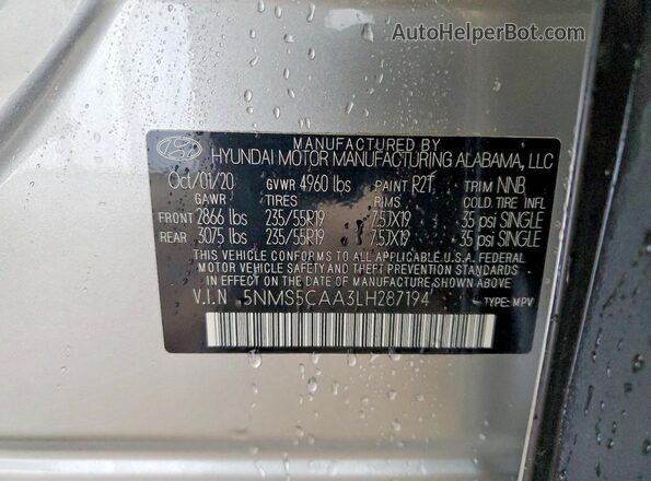 5NMS5CAA3LH287194 2020 HYUNDAI SANTA Silver Vista interior de 360 grados